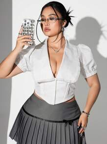 SHEIN ICON Plus Size Deep V Neck Lace Trim Puff Sleeve Blouse For Summer - White - View 4