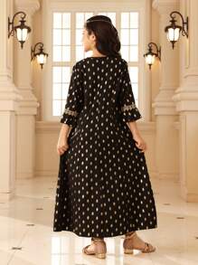 Tween Girl Round Neck Polka Dot Print Lace Patchwork Dress - Black - View 2