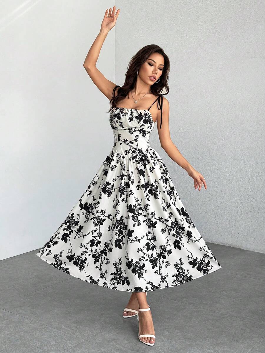 SHEIN PETITE Women's Apricot Bottom Black Silhouette Floral Print Suspender Black And White Dress