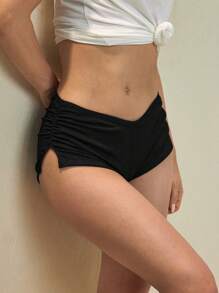 Swim Basics Summer Women's Ruffle Side Split Striped Fabric Flattering Booty Shorts Bottom, Black, For Beach, Vacation, Simple