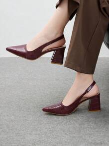 CUCCOO BIZCHIC Burgundy Stone Texture Back Strap Chunky Heel Pointed Toe Pumps, Fashion Dress Pumps For Work, Date, Party, Vacation Spring Shoes Spring Break Easter For Christmas - Burgundy - View 4
