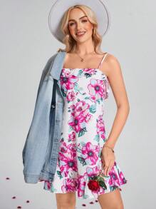 SHEIN LUNE 女士花卉印花无袖短款连体裤，情人节，情人节连衣裙 - 彩色 - 查看 7