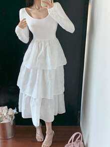 DAZY Lace Jacquard Flared Midi Dress For Women, Slim Fit,Ruffle,Fall Dress Long Sleeve Dress - White - View 1