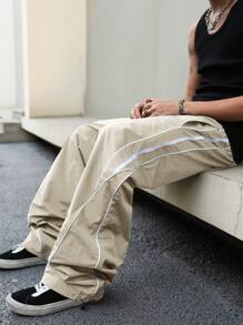 Aesthetic Post 男士休闲拼接侧缝宽松阔腿裤 - 杏色 - 查看 5