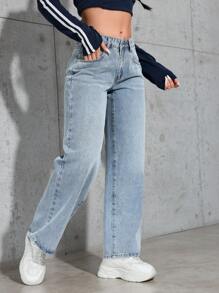 SHEIN PETITE Quần Jeans Jeans Denim Ống Thẳng Thoải Mái Thường Ngày Cho Nữ - Màu xanh lam - Xem 6