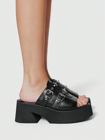 Grunge Punk Sandalen mit mehreren Schnallen, runder Zehenbereich, dicker Sohle, Keilabsatz, aus PU-Material im Punk-Stil, schwarz, römisch, geeignet für Abschlussfotos, berufliches Tragen