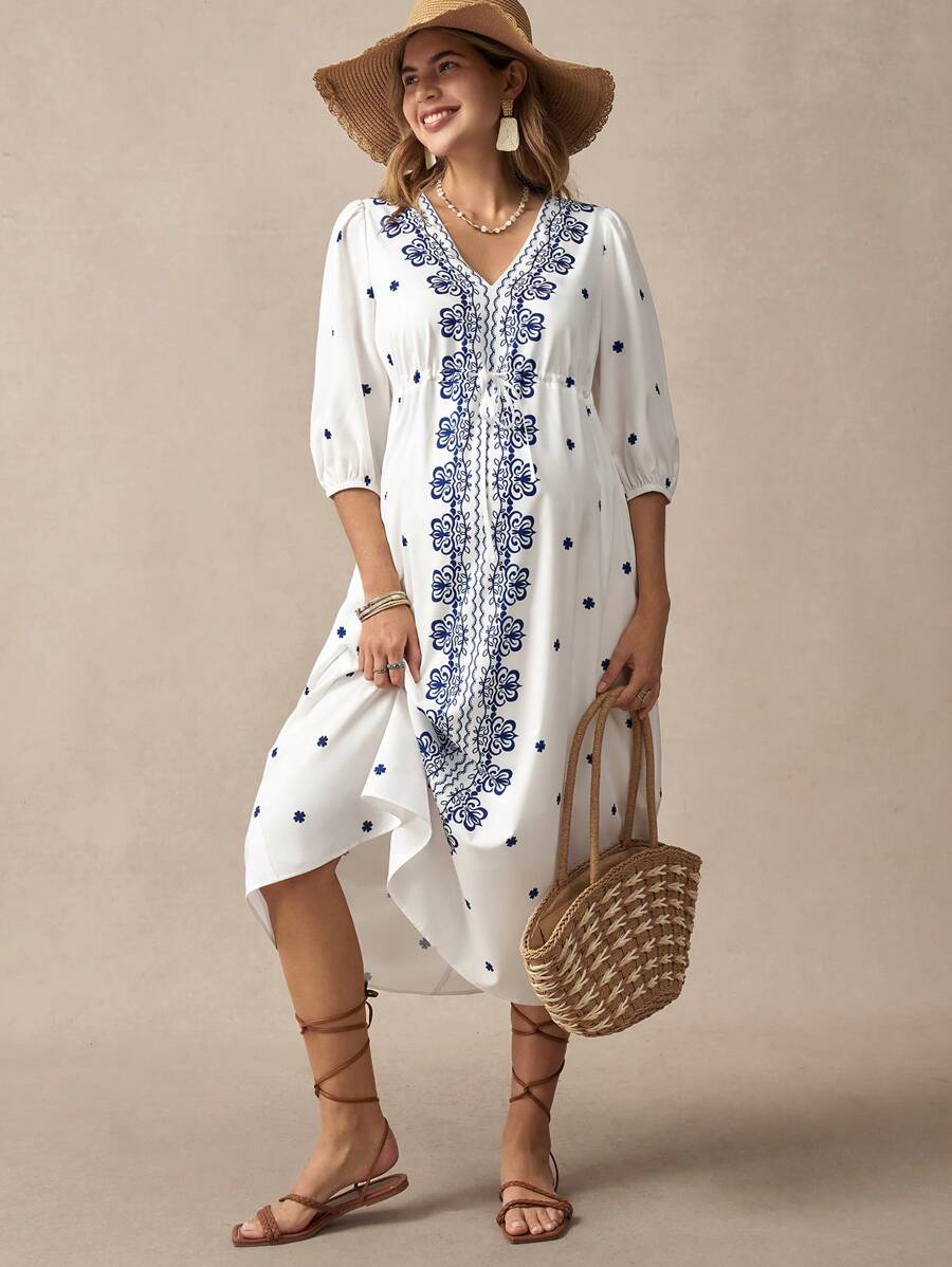 SHEIN 孕妇V领长袖前系带花卉印花休闲连衣裙 - 白色 - 查看 1