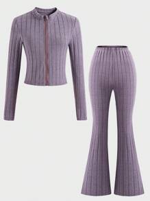 SHEIN Explorewe 2pcs Teen Girls Casual Daily Wear, Ribbed Knit Stretchy Zip-Up Cropped Jacket & Form-Fitting Flared Pants Set, Autumn Outerwear & Innerwear - Purple - View 1