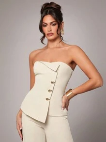 Silquee Áo khoác blazer trễ vai cho nữ, màu trơn cao cấp, trang trí khóa kim loại màu be, áo vest đi làm bằng kim loại vàng bất đối xứng, có lót, thanh lịch và thời trang, trang phục công sở giản dị, trang phục công sở mùa xuân và mùa hè cho nữ, áo khoác blazer ống kiểu vest cho nữ, thiết kế không viền thông thường, áo nghệ thuật cho nữ, chỉ có thể kết hợp áo với quần, bộ 2 món cho nữ - Màu be - Xem 1