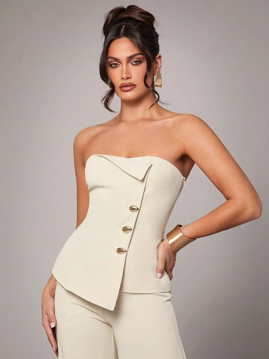 Silquee Áo khoác blazer trễ vai cho nữ, màu trơn cao cấp, trang trí khóa kim loại màu be, áo vest đi làm bằng kim loại vàng bất đối xứng, có lót, thanh lịch và thời trang, trang phục công sở giản dị, trang phục công sở mùa xuân và mùa hè cho nữ, áo khoác blazer ống kiểu vest cho nữ, thiết kế không viền thông thường, áo nghệ thuật cho nữ, chỉ có thể kết hợp áo với quần, bộ 2 món cho nữ - Màu be - Xem 1