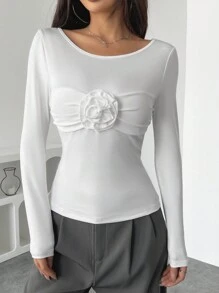 Camiseta sólida de mujer de estilo minimalista casual, adecuada para el uso diario