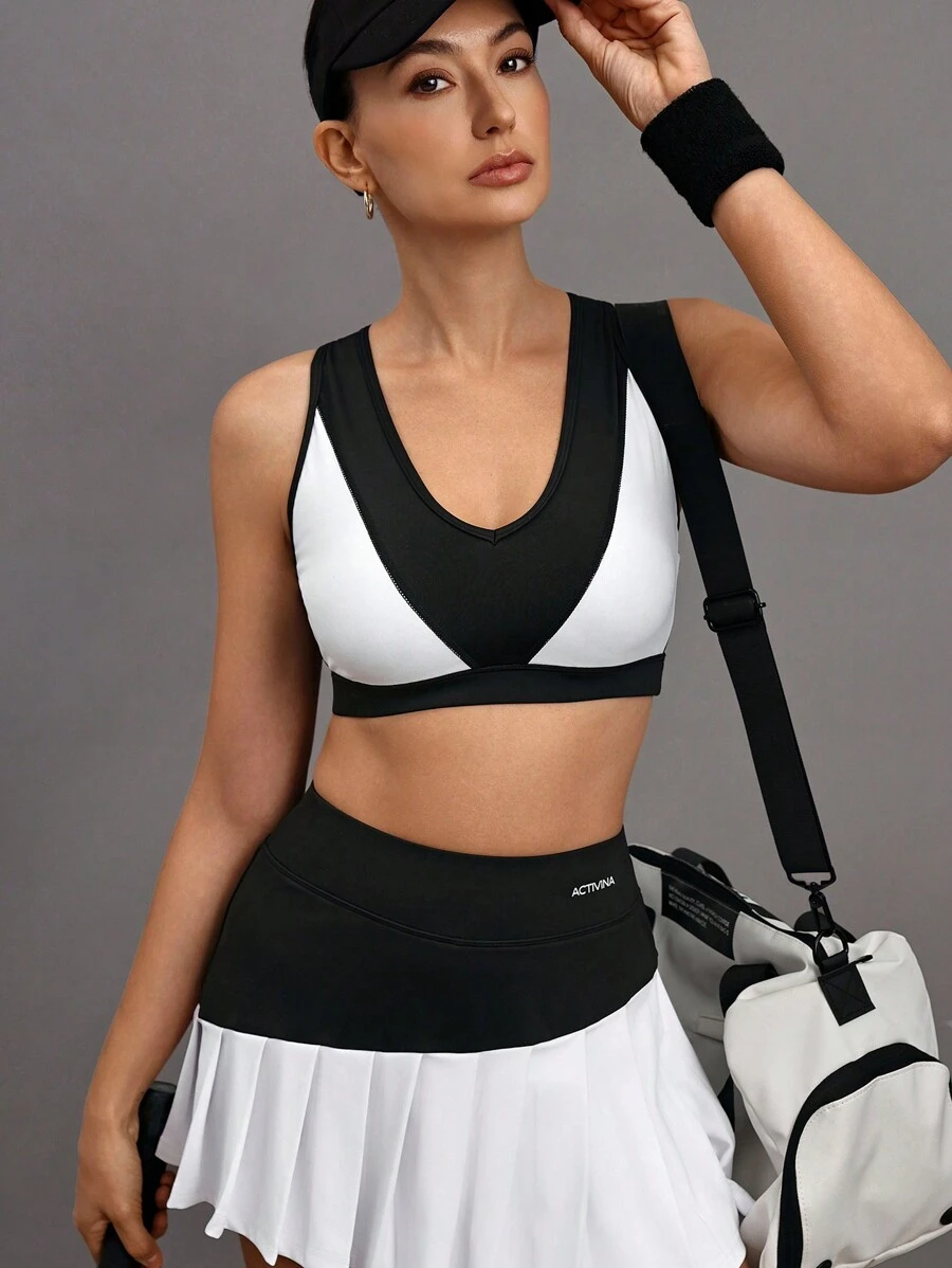 Activina Women's Stretchy Comfortable Colorblock V-Neck Sports Bra