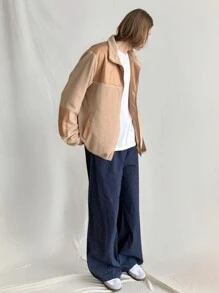 Manfinity VCAY 男士时尚休闲蓬松拼接宽松长袖夹克，适合年轻人日常穿着，适合秋冬季 - 芥末黃 - 查看 4