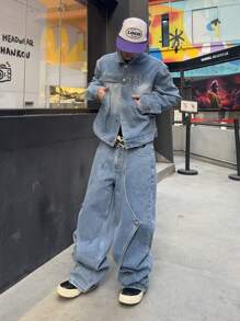 Manfinity EMRG Men's Front Button Long Sleeve Simple Top And Denim Pants 2 Pieces Suit Set - Blue - View 6