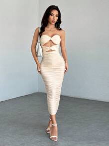 SHEIN PETITE Váy ống thiết kế xoắn khoét rỗng không tay màu trơn - Màu be - Xem 4