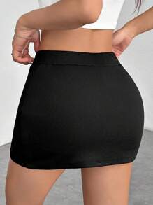 SHEIN PETITE 休闲纯色低腰开衩迷你裙 - 黑色 - 查看 2