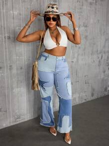 Slaydiva Große Größen einfarbige Patchwork-Jeans mit Knopfleiste und Taschen, minimalistischer Lässig-Stil - Blau - Übersicht 5