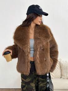 SHEIN EZwear Women Fluffy Coats - Brown - View 4