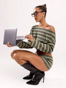 SHEIN BAE Áo sơ mi dài tay cổ lệch sọc thường ngày cho nữ, phong cách tối giản để mặc hàng ngày - màu xanh lá - Xem 6