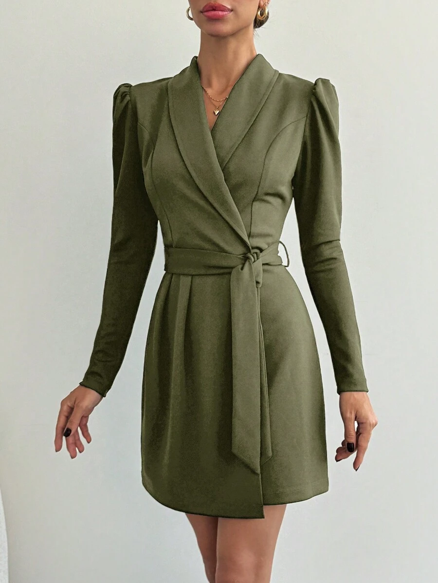 SHEIN Tall Tall Size Women's Surplice Neck Elegant Belted Solid Dress - Army Green - View 1