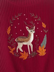 ROMWE Fairycore Women's Valentine's Day Spring Red Cottage-Core Deer Embroidered Sweater - Burgundy - View 2