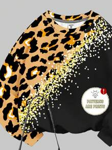 SHEIN 2 peças/Conjunto Casual de Menina Adolescente com Estampa Brilhante de Leopardo, Inclui Moletom de Manga Longa Confortável Gola Redonda e Legging, Adequado para Outono/Inverno