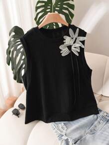 SHEIN Frenchy Camiseta de tirantes de mujer de talla grande, minimalista y casual, con decoración floral 3D, para el verano - Negro - Ver 3