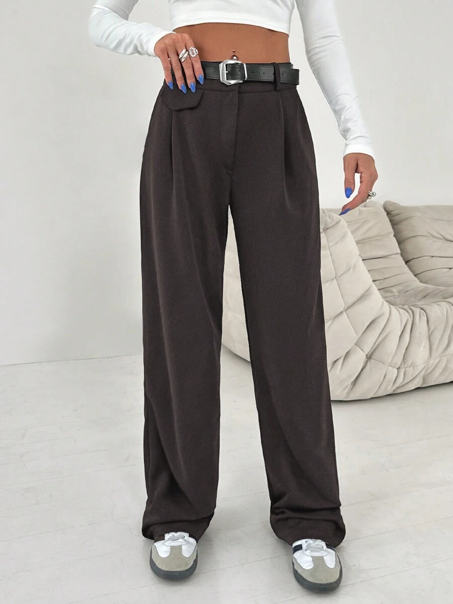 EURMUSE Women's Navy Blue Mid Rise Belted Suit Pants - Navy Blue - View 1