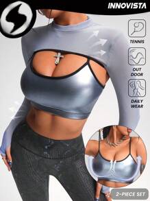 Innovista Conjunto de 2 piezas de ropa deportiva recortada para mujer, 2 piezas y 2 en 1 de sujetador deportivo y camiseta de piel sintética con estampado de láminas, conjuntos de entrenamiento de alta elasticidad, transpirables y secado rápido para gimnasio, de uso glamoroso y sexy para fiestas, de corte atrevido y único, para festivales de música, chándal, fuerza, yoga, barra, baile, primavera, bicicleta, ciclo, eléctrico, lencería, ropa interior, lujo, sudaderas, multiuso, modular, San Valentín