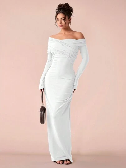 SHEIN Glamour Sexy Solid Off Shoulder Long Sleeve Fitted Midi Dress For  Women | SHEIN USA