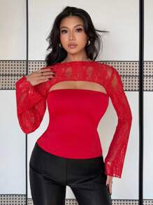 Gloray Women Crew Neck Solid Color Knit Tight Fit Lace Trim Mock Neck Flared Sleeves Blouse Fall Cloth For Women - Red - View 4