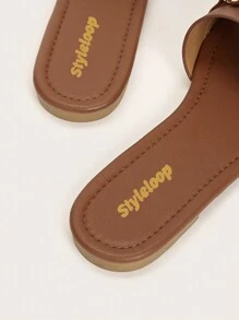 Styleloop Elegant Outdoors Flat Slippers For Women, Chain Decor Plain Artificial Leather Open Toe Slide Sandals Spring Shoes Spring Break Easter - Camel - View 3