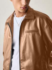 SWAVVY Áo khoác da PU ôm dáng, thời trang trẻ trung, tay dài, dành cho nam, mùa thu đông - màu nâu - Xem 5