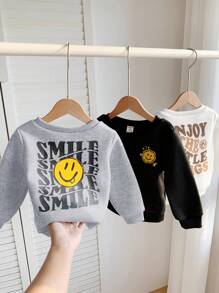 SHEIN Leap Crew 3 件套婴儿/幼儿可爱笑脸卡通图案休闲运动街头百搭圆领套头衫运动衫，黑色、白色、米色，适合春季、秋季、冬季 - 彩色 - 查看 8