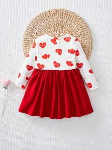 Cozy Pixies 女婴心形图案撞色针织柔软圆领长袖连衣裙，情人节 - 紅色 - 查看 2