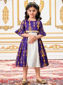 SHEIN DRMZ Young Girl Royal Blue Chiffon Ditsy Floral Splice Round Neck Snug Fit Dress,Summer Elegant Party Wedding Sibling Sisters Outfit For Festivals - Multicolor - View 3