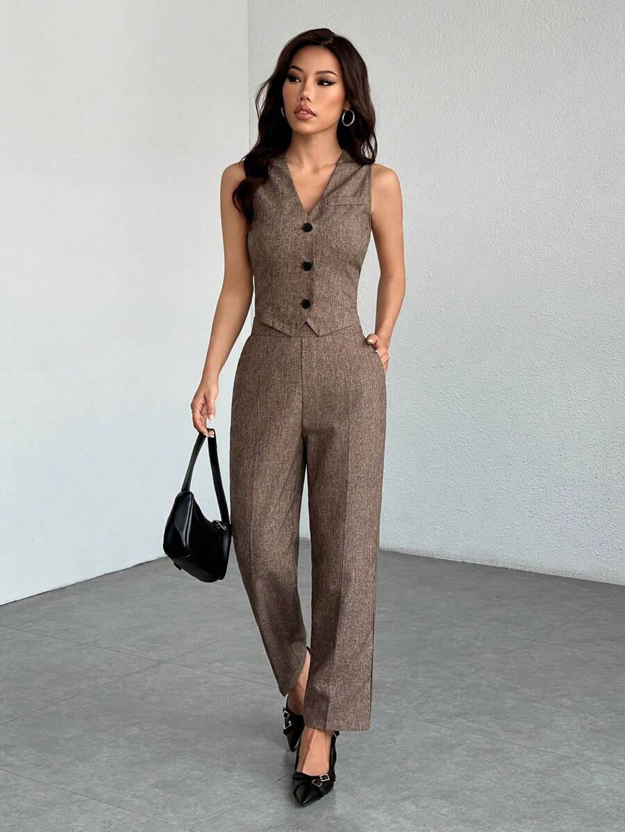 EMERY ROSE Casual Sleeveless Open Front Vest And Relaxed Pants Set In Fall/Winter - Brown - View 1