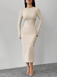 SHEIN PETITE Solid Color Pleated Waist Black Long Sleeve Dress - Apricot - View 4