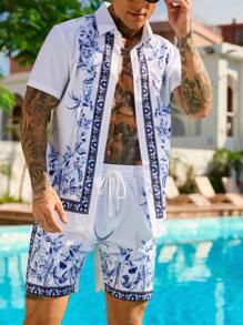 Manfinity RSRT Men Floral Print Short Sleeve Shirt & Shorts Set, Vacation Outfit Men Resort Wear