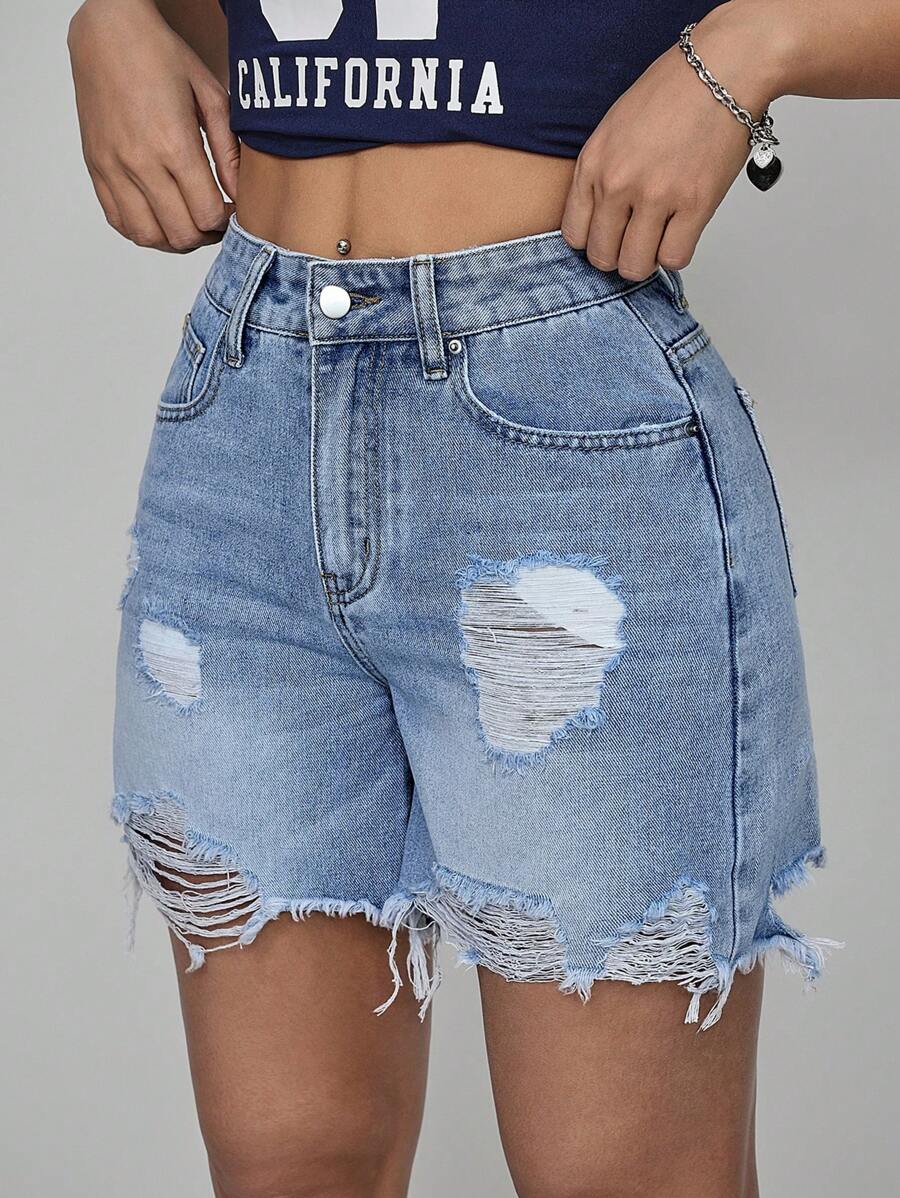 SHEIN PETITE 女式纽扣前口袋破洞休闲牛仔短裤 - 藍色 - 查看 1