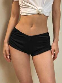 Swim Basics Summer Women's Ruffle Side Split Striped Fabric Flattering Booty Shorts Bottom, Black, For Beach, Vacation, Simple
