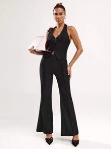 SHEIN BAE Women's Solid Color Flare Leg Pants With Lace Hem, Casual Everyday Wear