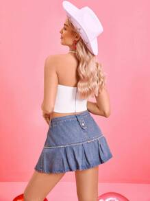 SHEIN LUNE 女士白色拼布兔毛饰边短款抹胸，情人节，短款上衣 - 白色 - 查看 6