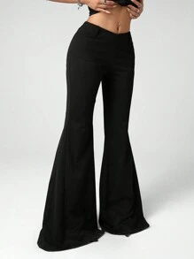 SHEIN ICON 女式休闲喇叭腿黑色长裤，超低腰修身，百搭