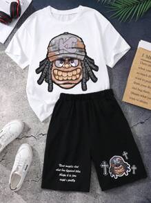 Teen Boy Graphic Printed Round Neck Short Sleeve Top And Shorts Casual 2 Pieces Set - Black and White - View 1
