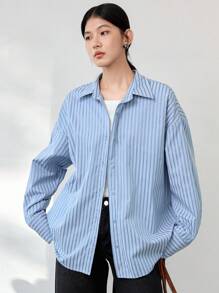 Dazy-Less Camisa de mujer de manga larga con diseño de negocios casual, cuello con cordón y espalda con bloques de color y rayas, ropa de mujer para otoño