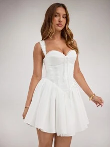 SHEIN BAE 纯白色优雅甜美浪漫荷叶边蕾丝边修身喇叭裙，女士公主裙，适合情人节、派对、约会、伴娘、舞会、日常通勤、粉色连衣裙、生日连衣裙 - 白色 - 查看 5