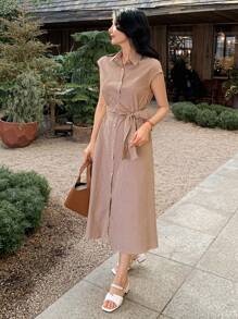 DAZY 无袖 A 字形系腰长裙，条纹领口太阳裙衬衫裙 - 棕色 - 查看 1