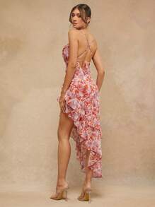 L'Amorae 女装，优雅红紫花卉印花不对称荷叶边下摆露背露背长裙，女士连衣裙，派对女士连衣裙，夏季女士服装，优雅女士连衣裙，红色女士连衣裙，沙滩女士连衣裙，婚纱，情人节连衣裙，长裙，度假。适合约会之夜、音乐会、演出、婚礼、派对、俱乐部、晚会 - 彩色 - 查看 4