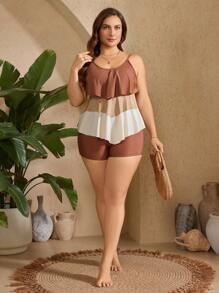 Swim Lushoire Conjunto de tankini de 2 piezas informal con bloque de color, cuello en V y volantes para mujer talla grande en verano - Multicolor - Ver 4